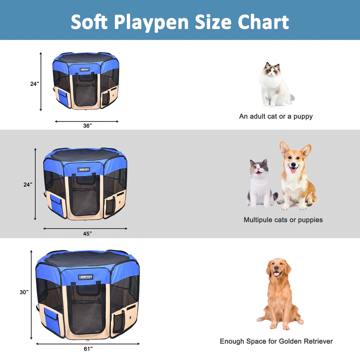 JESPET Pet Dog Playpens 36", 45" & 61" Portable Soft Dog Exercise Pen Kennel with Carry Bag